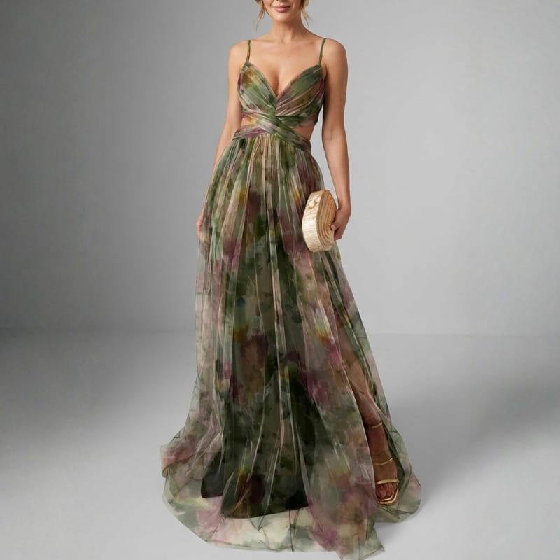 Gabriella Chiffon Floral Painted Maxi Dress – Lightweight Elegant All Occasion Dress