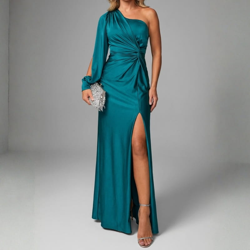 Viena One-Shoulder Satin Maxi Dress – Elegant Sculpted Evening Silhouette