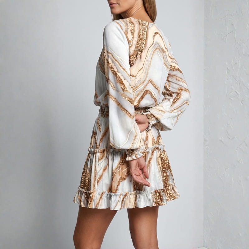 Lucienne V-Neck Ruffle Mini Dress – Smocked Waist Flowing Silhouette