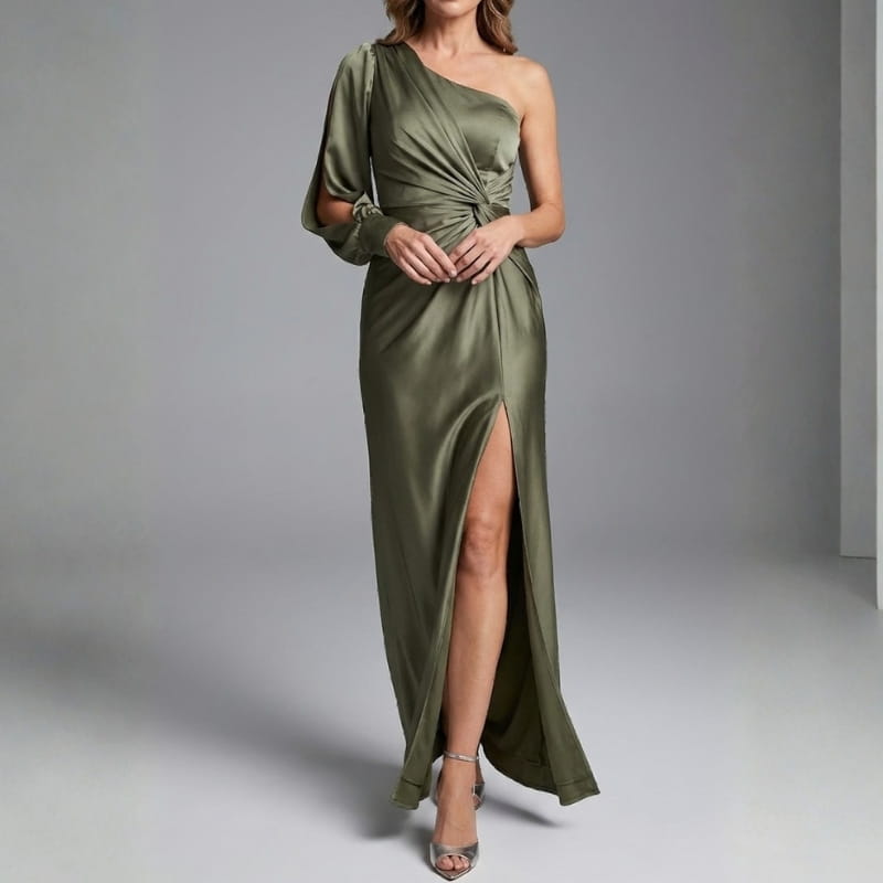 Viena One-Shoulder Satin Maxi Dress – Elegant Sculpted Evening Silhouette