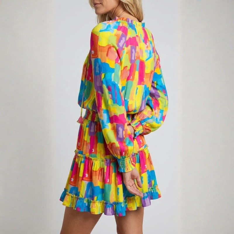 Lucienne V-Neck Ruffle Mini Dress – Smocked Waist Flowing Silhouette