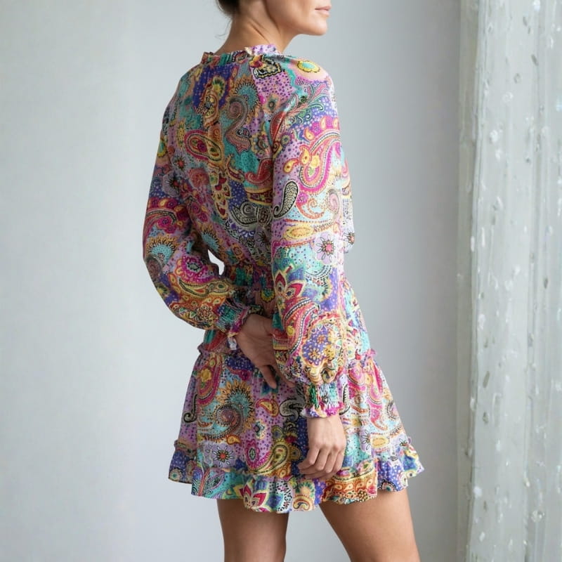 Lucienne V-Neck Ruffle Mini Dress – Smocked Waist Flowing Silhouette