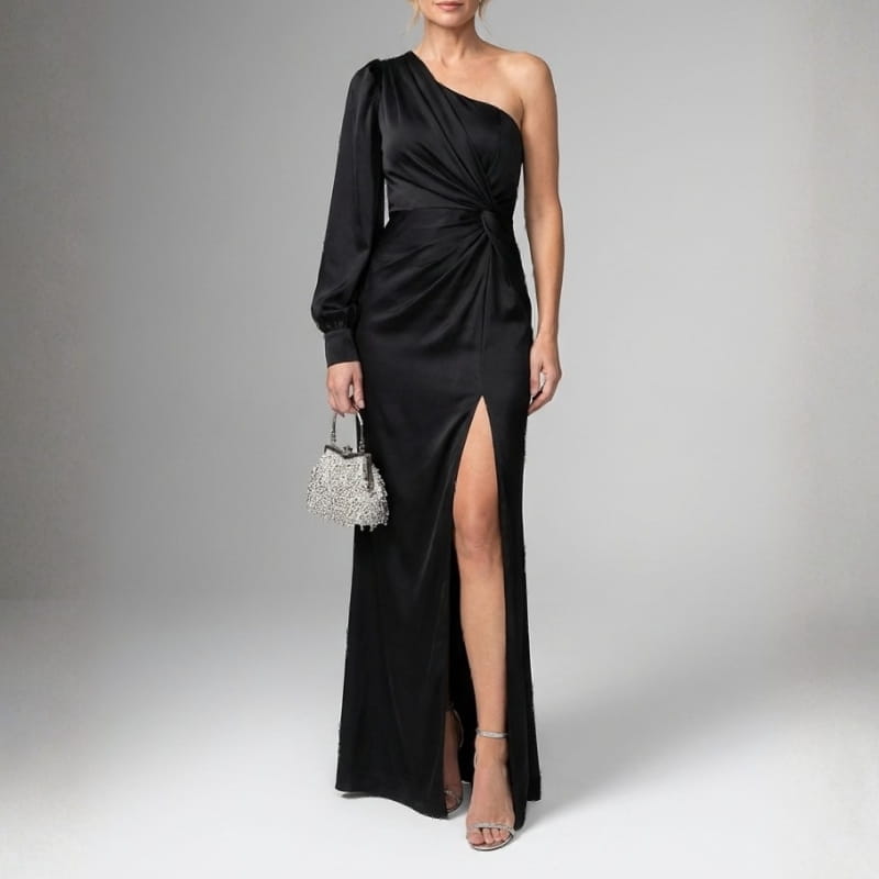Viena One-Shoulder Satin Maxi Dress – Elegant Sculpted Evening Silhouette