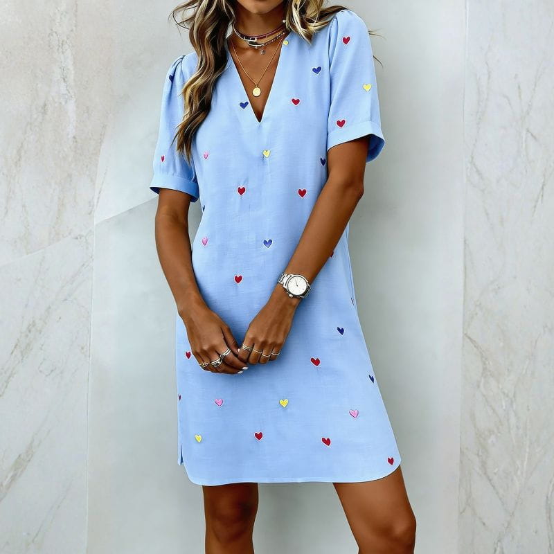 Elira Heart Print V-Neck Mini Dress – Lightweight Relaxed Casual Dress