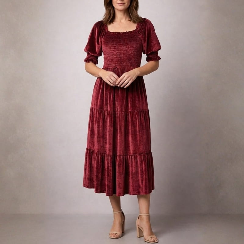 Livia Soft Velvet Ruffle Shirred Midi Dress – Elegant Square Neck Occasion Wear