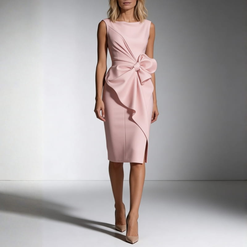 Amara Soft-Touch Sculpted Bow Midi Dress – Elegant Occasional Sheath Dress