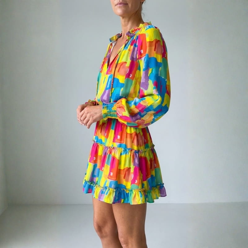 Lucienne V-Neck Ruffle Mini Dress – Smocked Waist Flowing Silhouette