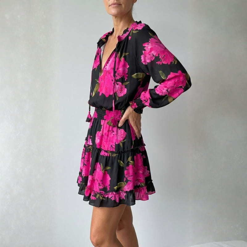 Lucienne V-Neck Ruffle Mini Dress – Smocked Waist Flowing Silhouette