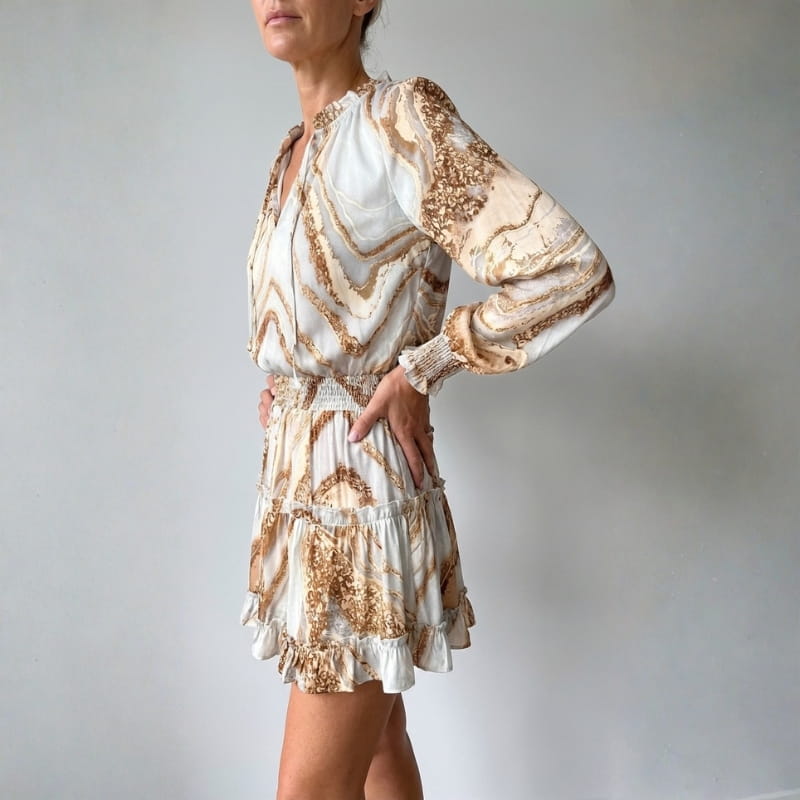 Lucienne V-Neck Ruffle Mini Dress – Smocked Waist Flowing Silhouette