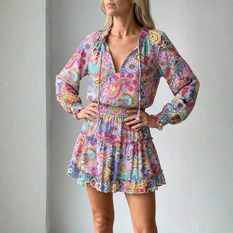 Lucienne V-Neck Ruffle Mini Dress – Smocked Waist Flowing Silhouette