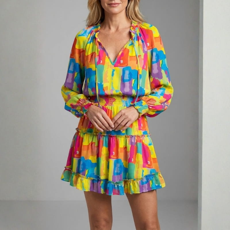 Lucienne V-Neck Ruffle Mini Dress – Smocked Waist Flowing Silhouette