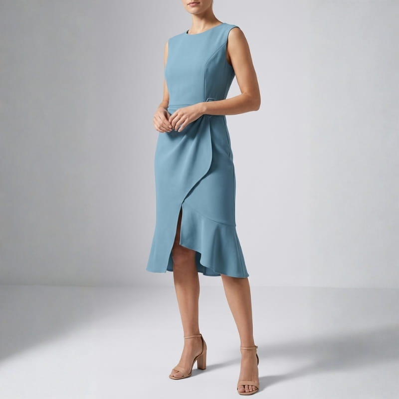 Mona Wrap Front Draped Midi Dress –  Smooth Stretch Cocktail Dress