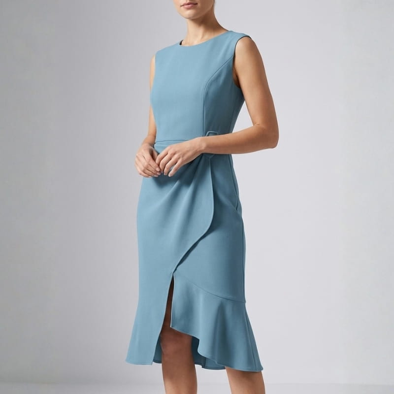 Mona Wrap Front Draped Midi Dress –  Smooth Stretch Cocktail Dress