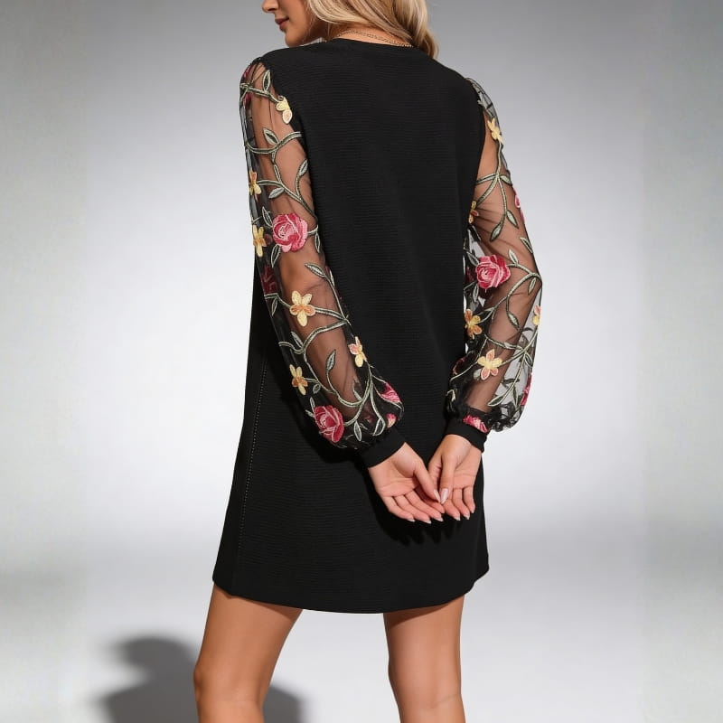 Amelia Floral Embroidered Mini Dress – Elegant Bishop Sleeve Design