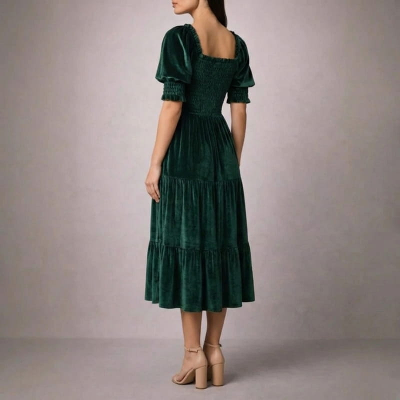Livia Soft Velvet Ruffle Shirred Midi Dress – Elegant Square Neck Occasion Wear