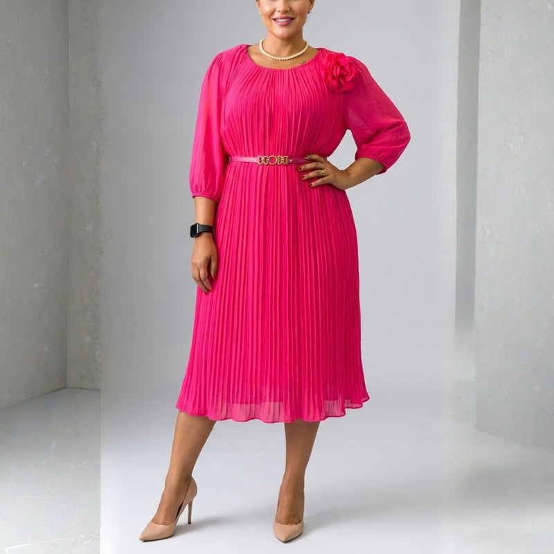 Selene Soft Pleated Belted Midi Dress – Elegant Versatile Day-to-Night Dress