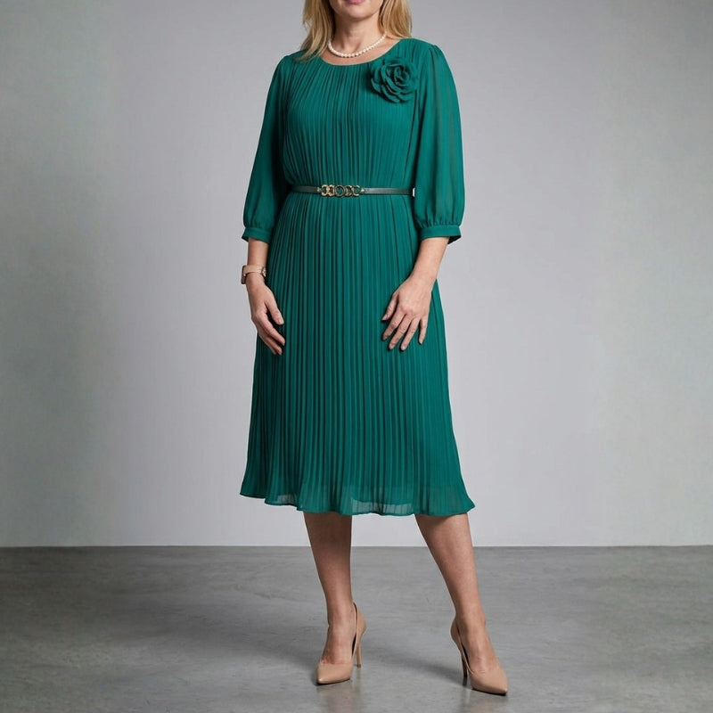 Selene Soft Pleated Belted Midi Dress – Elegant Versatile Day-to-Night Dress
