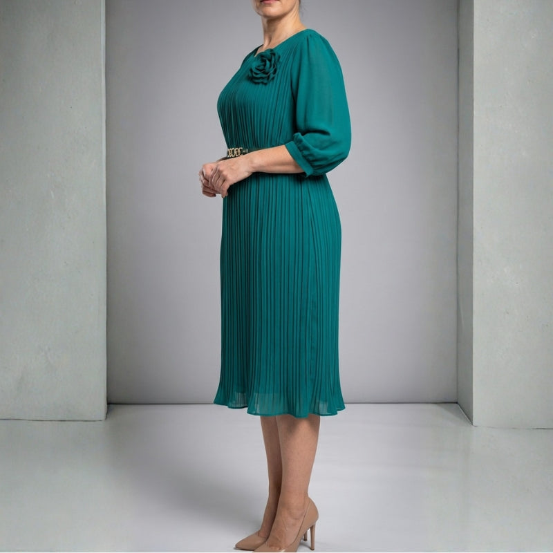 Selene Soft Pleated Belted Midi Dress – Elegant Versatile Day-to-Night Dress
