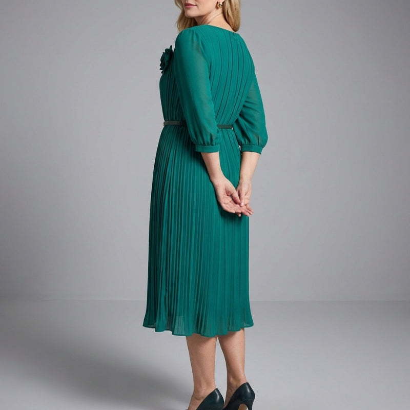 Selene Soft Pleated Belted Midi Dress – Elegant Versatile Day-to-Night Dress