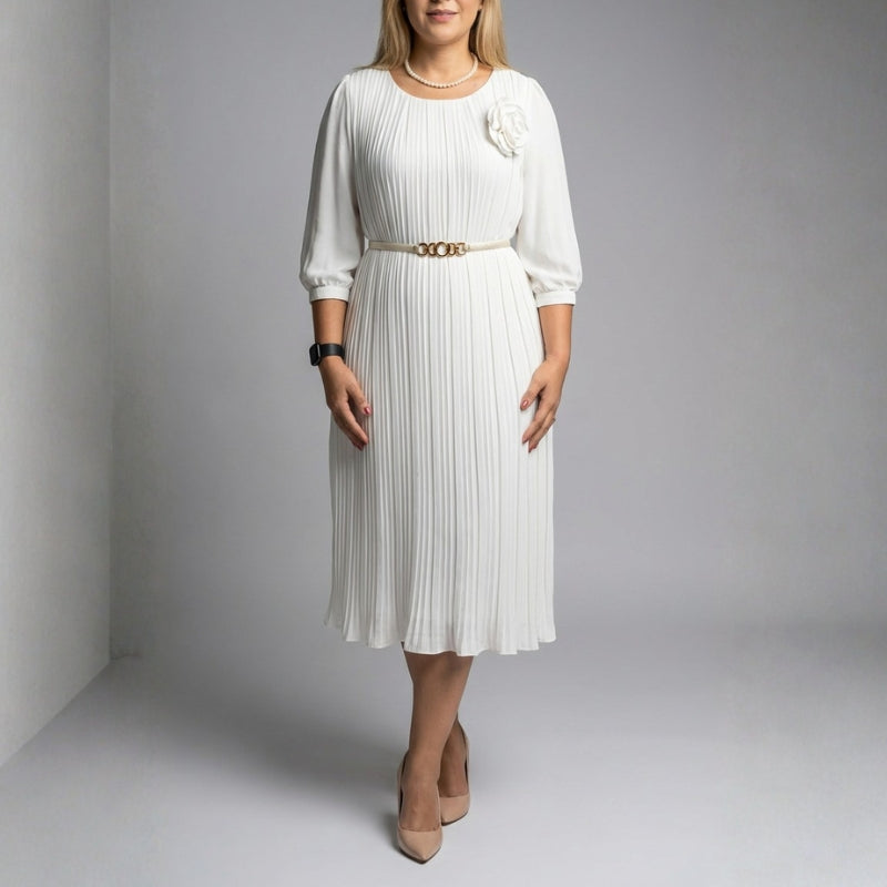 Selene Soft Pleated Belted Midi Dress – Elegant Versatile Day-to-Night Dress