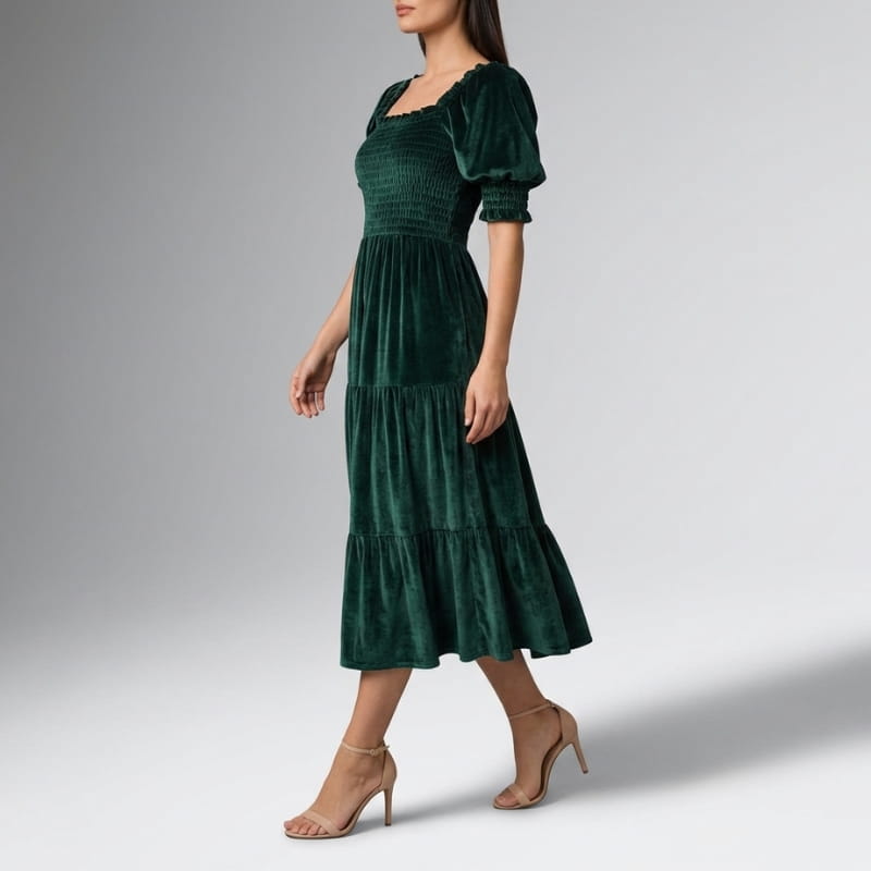 Livia Soft Velvet Ruffle Shirred Midi Dress – Elegant Square Neck Occasion Wear