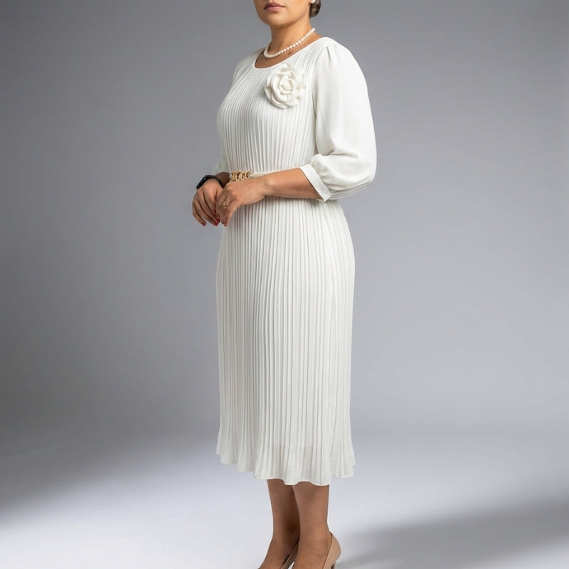 Selene Soft Pleated Belted Midi Dress – Elegant Versatile Day-to-Night Dress