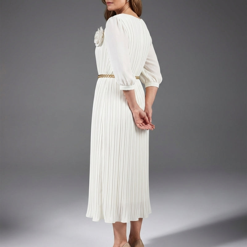 Selene Soft Pleated Belted Midi Dress – Elegant Versatile Day-to-Night Dress