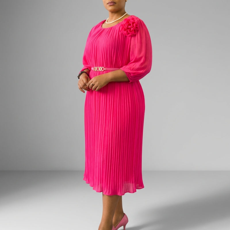 Selene Soft Pleated Belted Midi Dress – Elegant Versatile Day-to-Night Dress