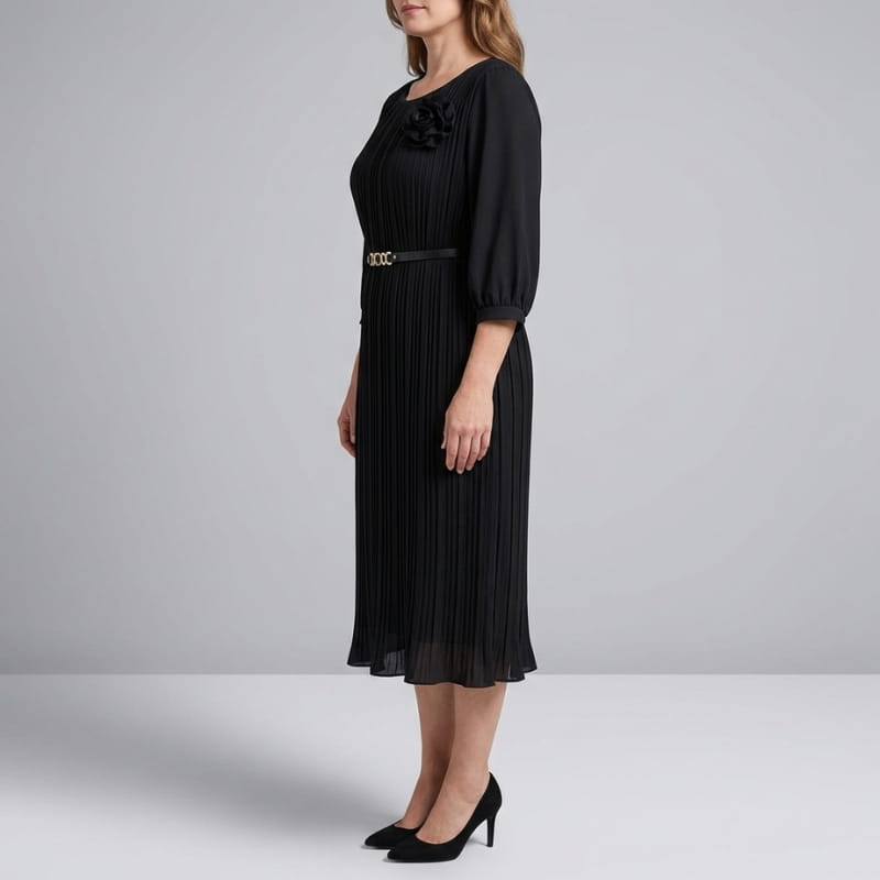 Selene Soft Pleated Belted Midi Dress – Elegant Versatile Day-to-Night Dress