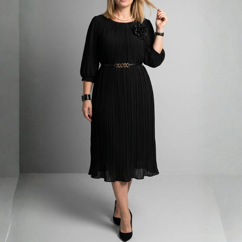 Selene Soft Pleated Belted Midi Dress – Elegant Versatile Day-to-Night Dress