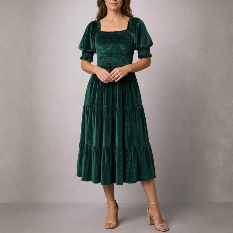 Livia Soft Velvet Ruffle Shirred Midi Dress – Elegant Square Neck Occasion Wear