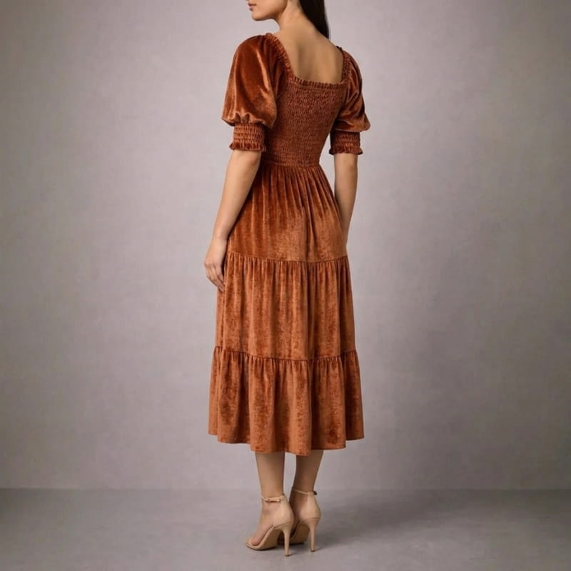Livia Soft Velvet Ruffle Shirred Midi Dress – Elegant Square Neck Occasion Wear
