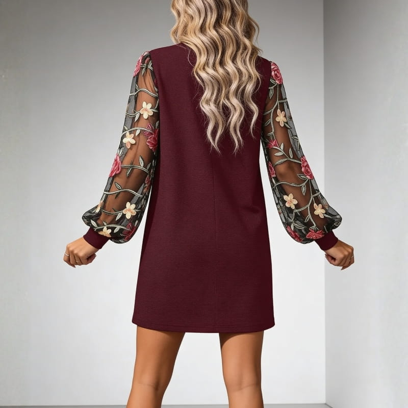 Amelia Floral Embroidered Mini Dress – Elegant Bishop Sleeve Design