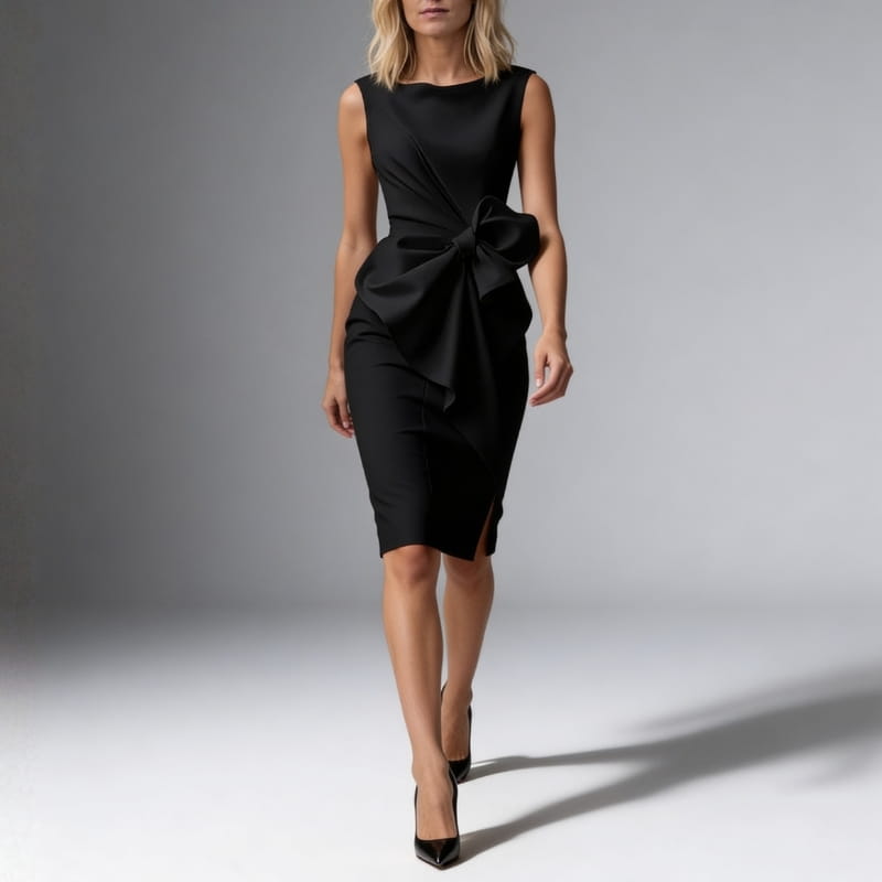 Amara Soft-Touch Sculpted Bow Midi Dress – Elegant Occasional Sheath Dress