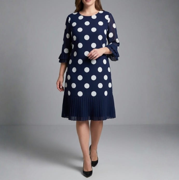Celeste Polka Dot Pleated Midi Dress – Elegant A-Line Flowy Occasion Dress