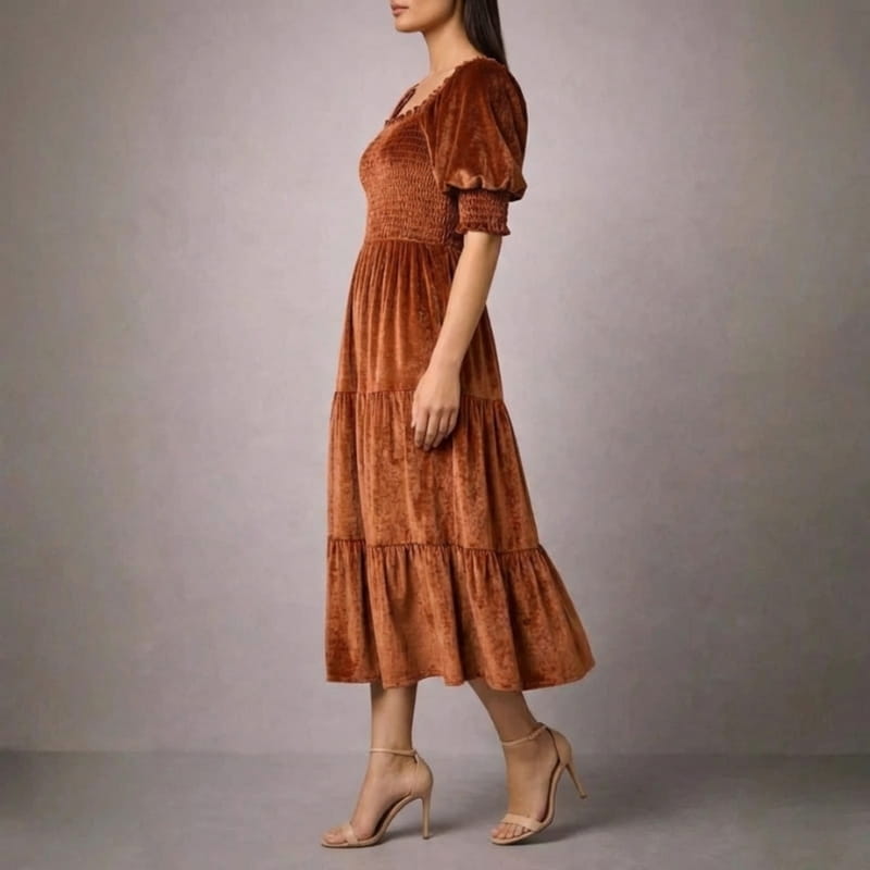 Livia Soft Velvet Ruffle Shirred Midi Dress – Elegant Square Neck Occasion Wear