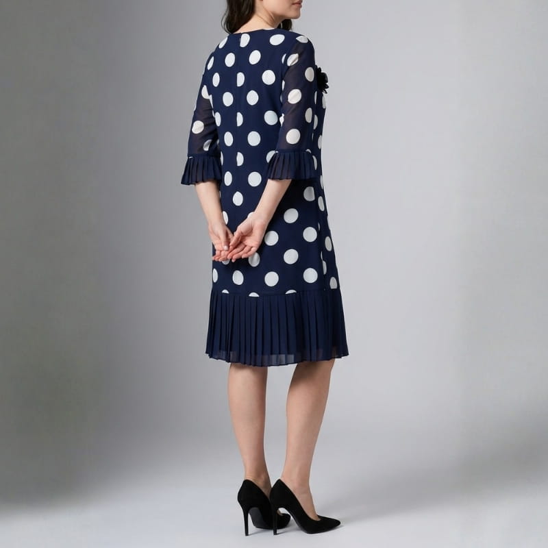 Celeste Polka Dot Pleated Midi Dress – Elegant A-Line Flowy Occasion Dress