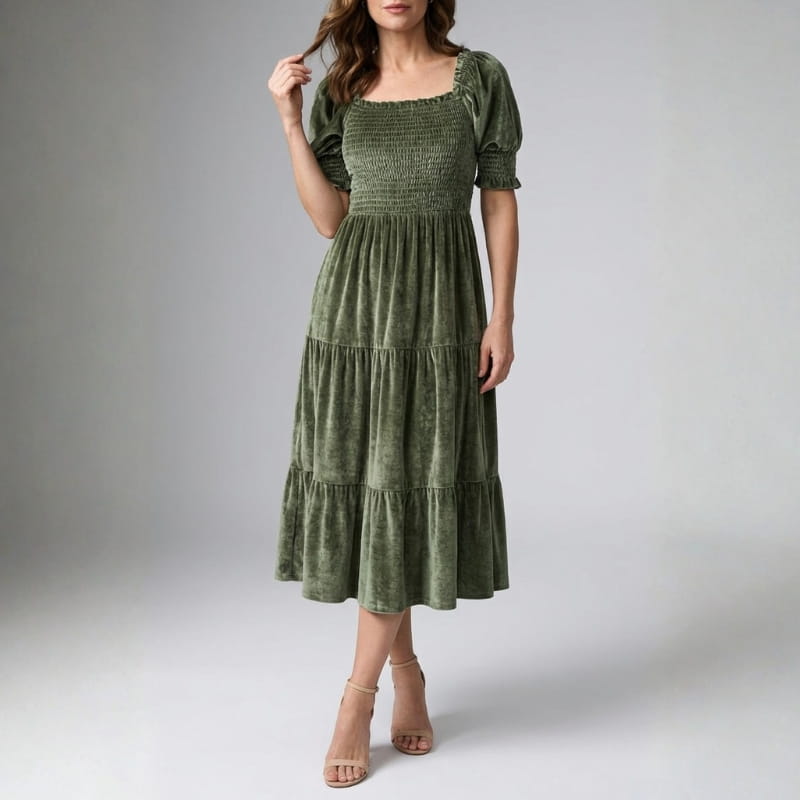 Livia Soft Velvet Ruffle Shirred Midi Dress – Elegant Square Neck Occasion Wear