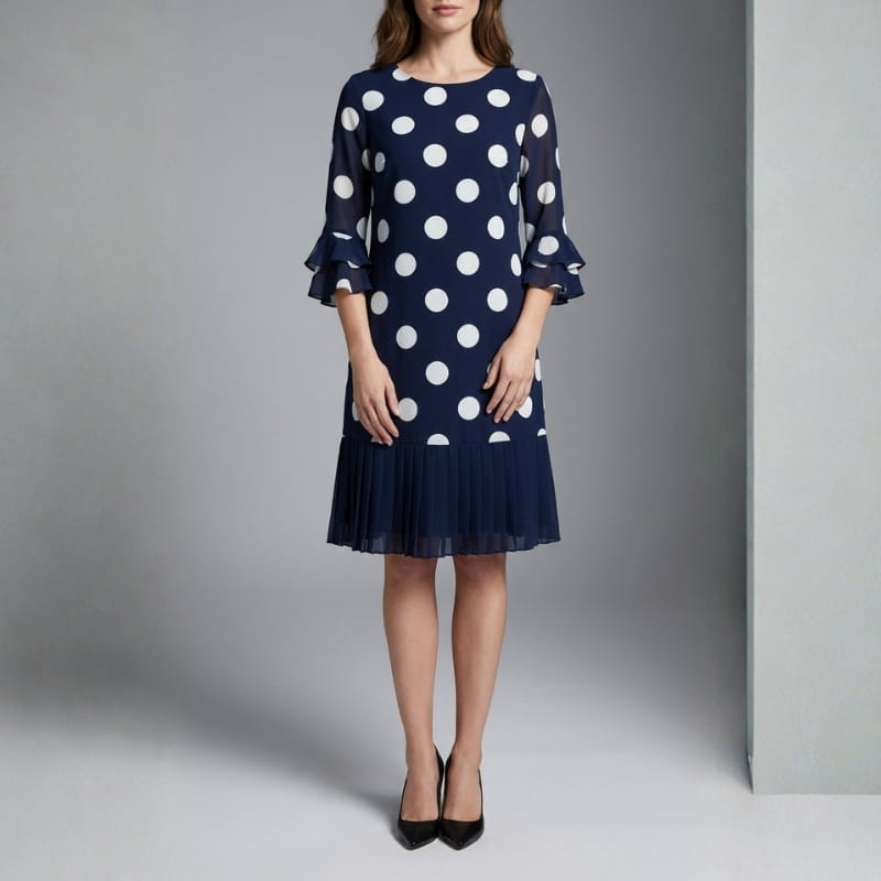 Celeste Polka Dot Pleated Midi Dress – Elegant A-Line Flowy Occasion Dress