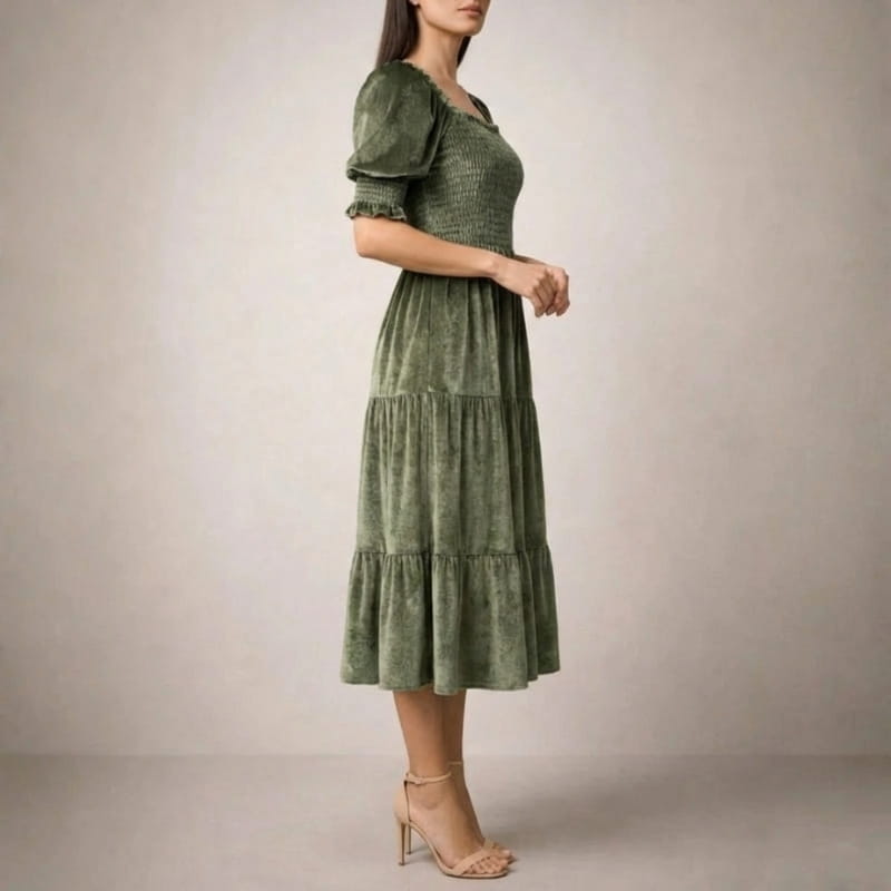 Livia Soft Velvet Ruffle Shirred Midi Dress – Elegant Square Neck Occasion Wear