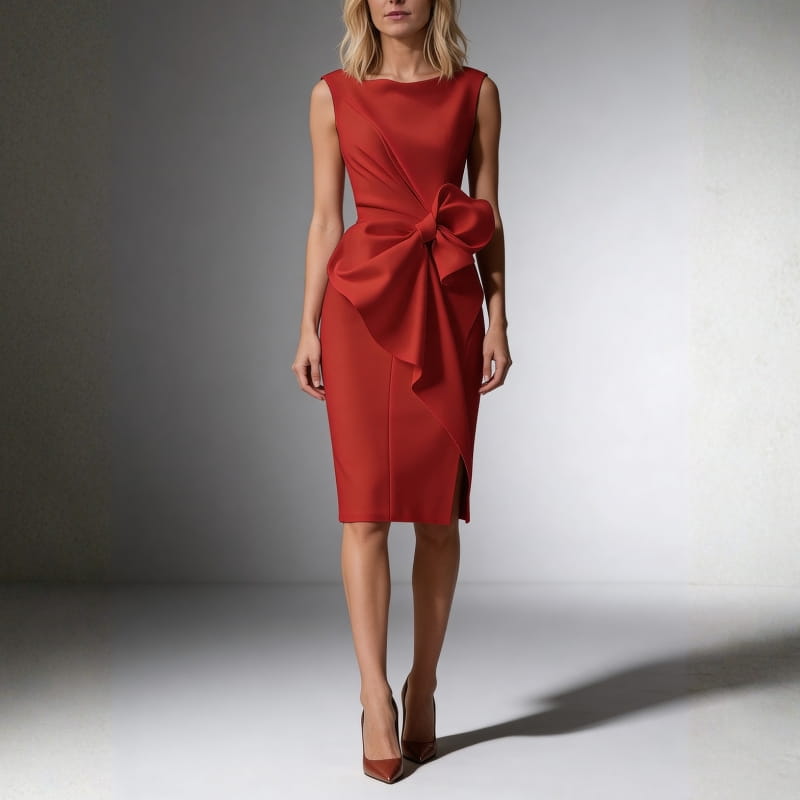 Amara Soft-Touch Sculpted Bow Midi Dress – Elegant Occasional Sheath Dress