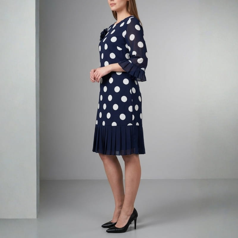 Celeste Polka Dot Pleated Midi Dress – Elegant A-Line Flowy Occasion Dress