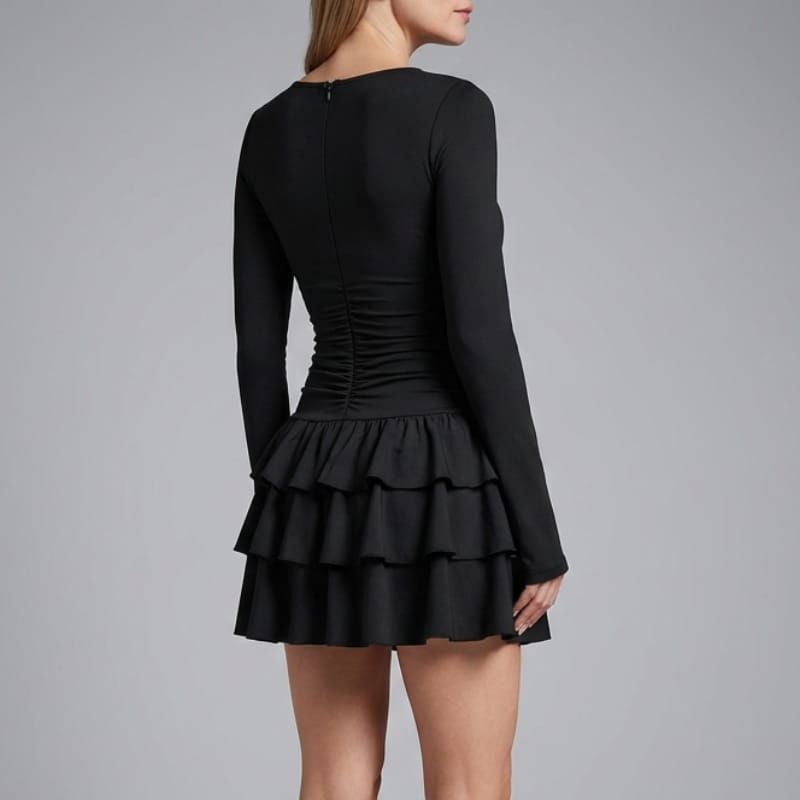 Camille Ruffle Skirt Mini Dress – Fitted Waist Flowing Layered Silhouette