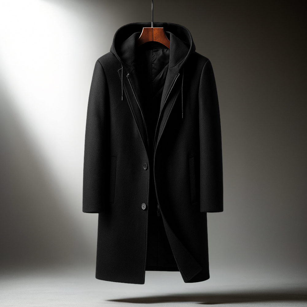 Silas Men’s Wool-Blend Overcoat – Hooded Full-Zip Design