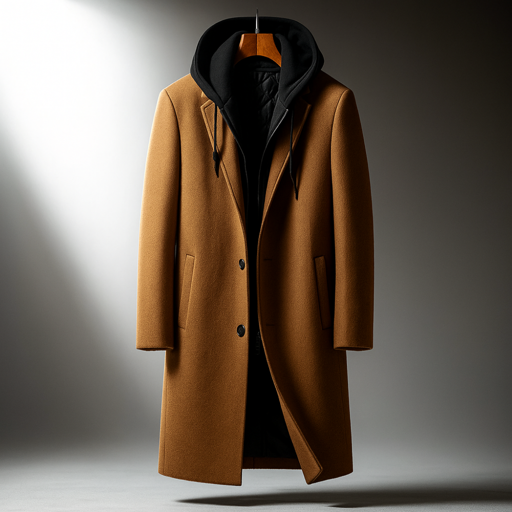 Silas Men’s Wool-Blend Overcoat – Hooded Full-Zip Design