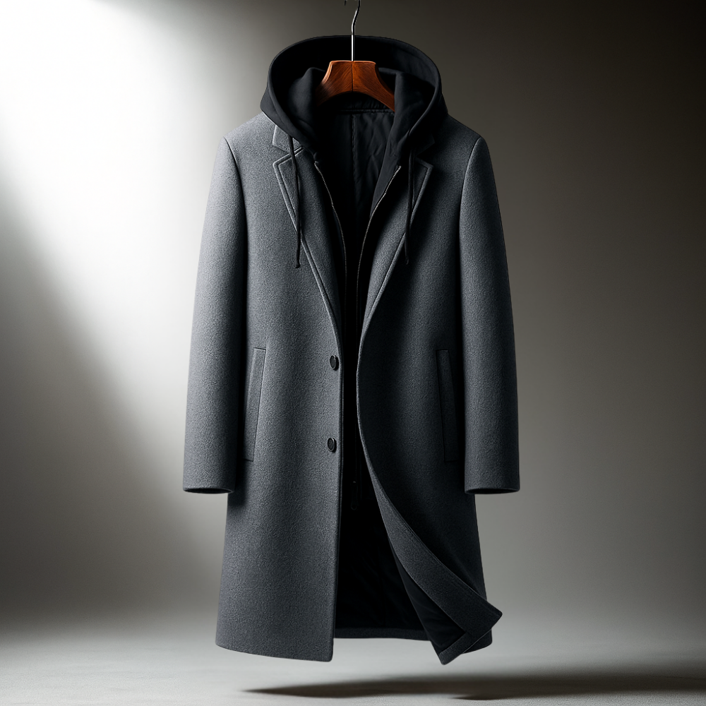 Silas Men’s Wool-Blend Overcoat – Hooded Full-Zip Design