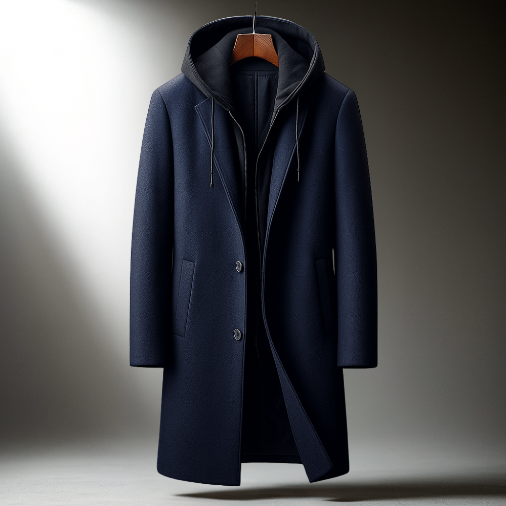 Silas Men’s Wool-Blend Overcoat – Hooded Full-Zip Design