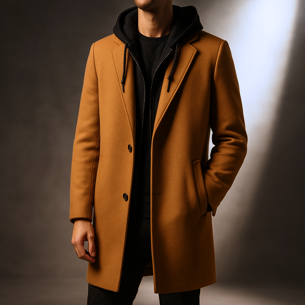 Silas Men’s Wool-Blend Overcoat – Hooded Full-Zip Design