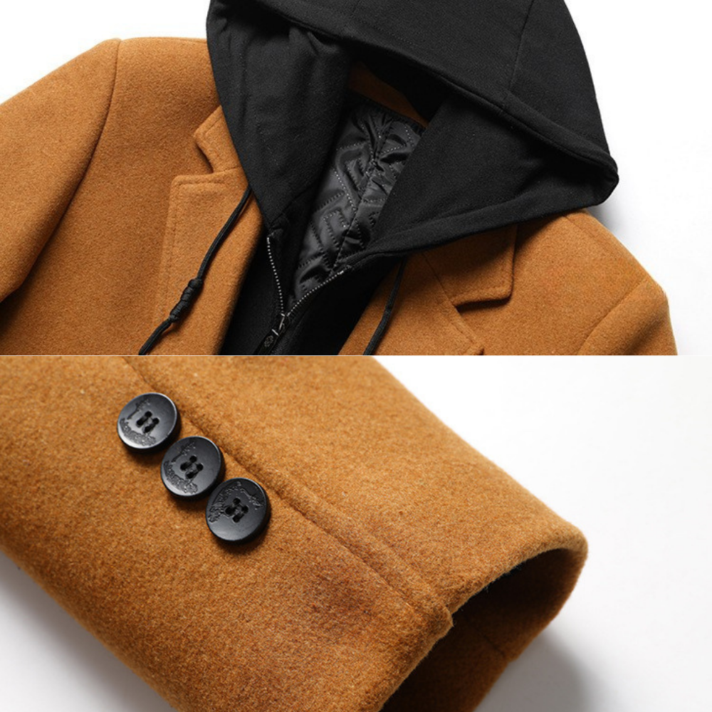 Silas Men’s Wool-Blend Overcoat – Hooded Full-Zip Design