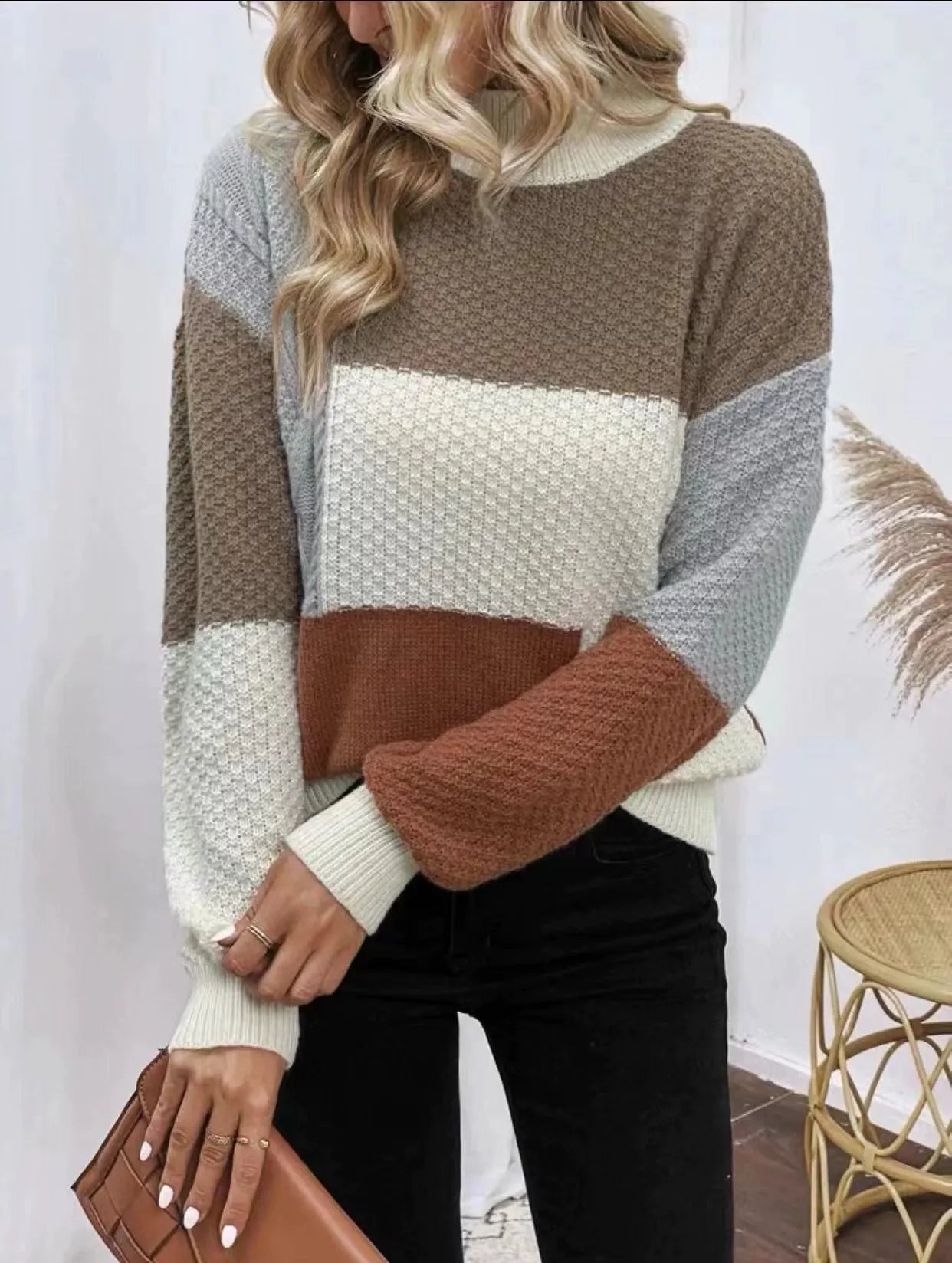 Sherly Women’s Pullover Sweatshirt – Patchwork Textured Knit